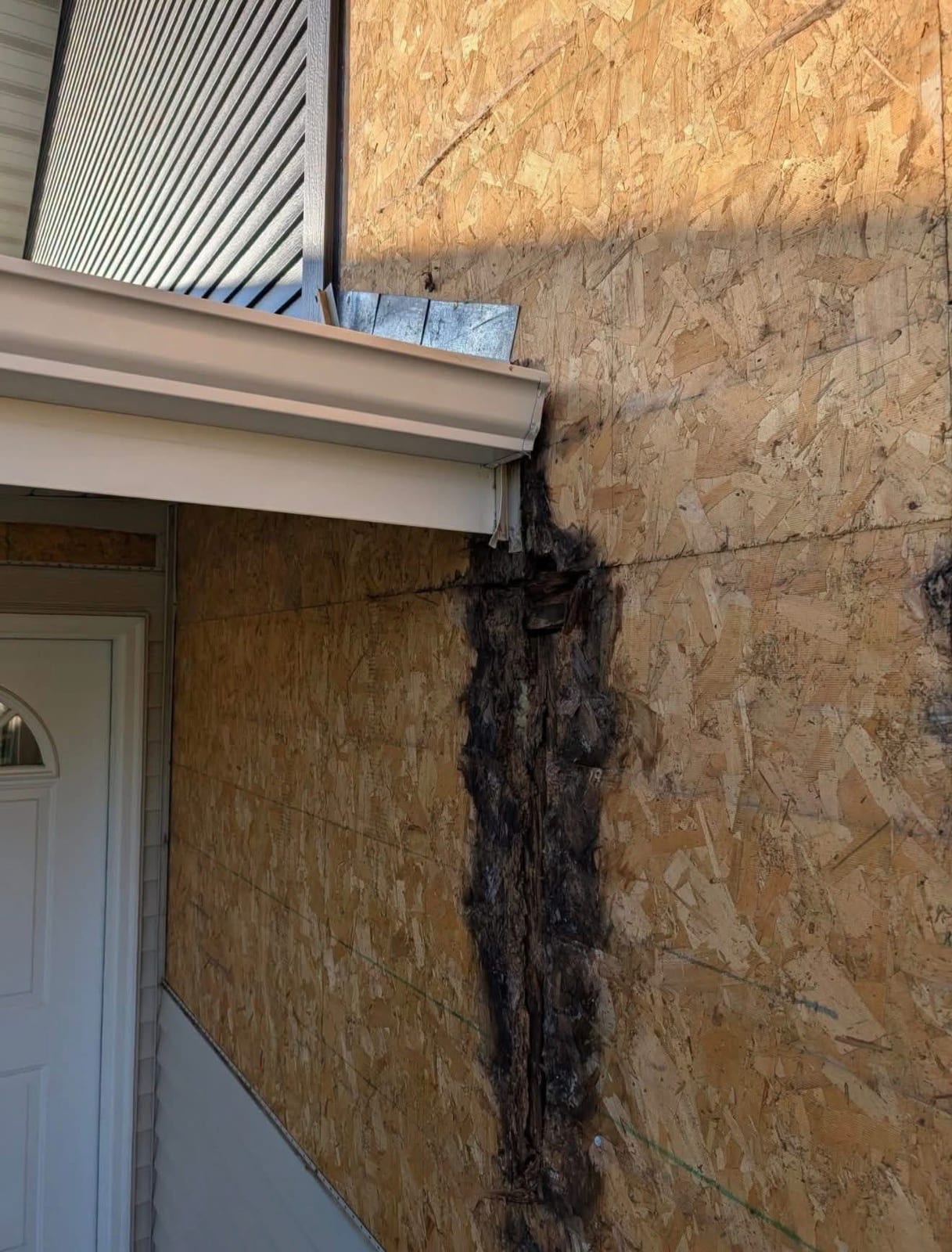 New sheathing replacing rotted decking at a wall corner