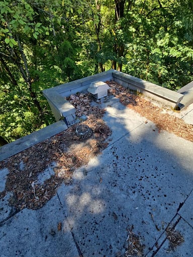 Debris pooling on a low-slope roof where blocked drainage causes standing water